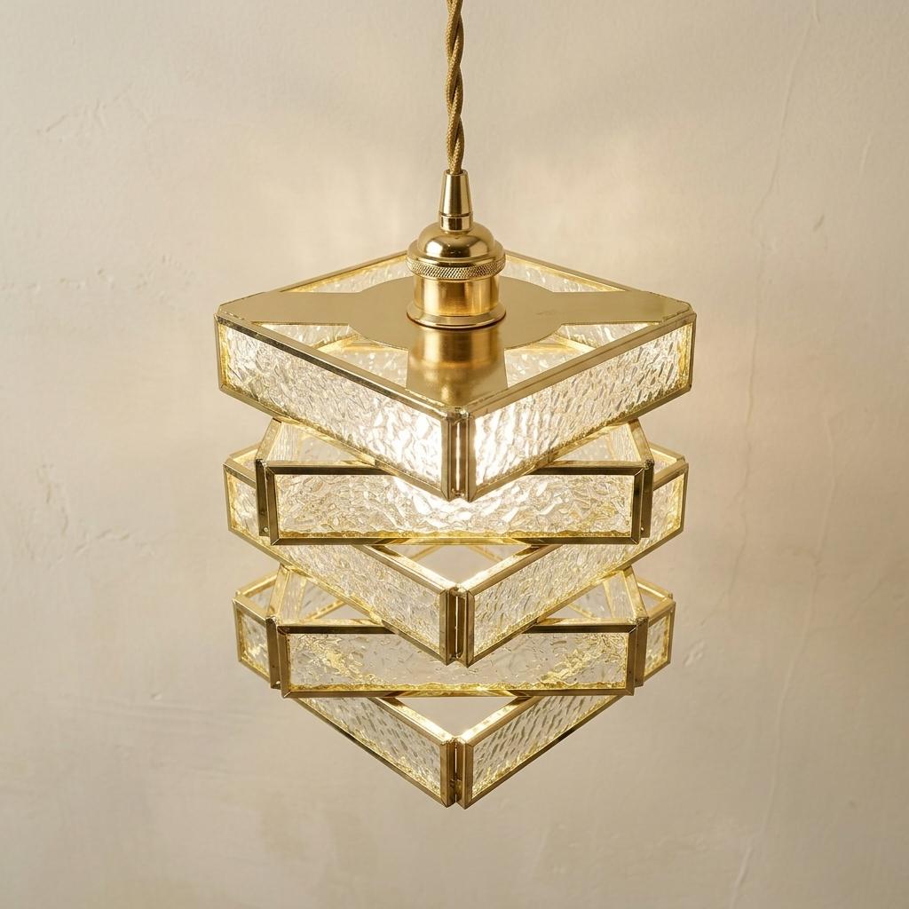 Gold Textured Glass Pendant Light, Square Stacked Geometric Hanging Lamp