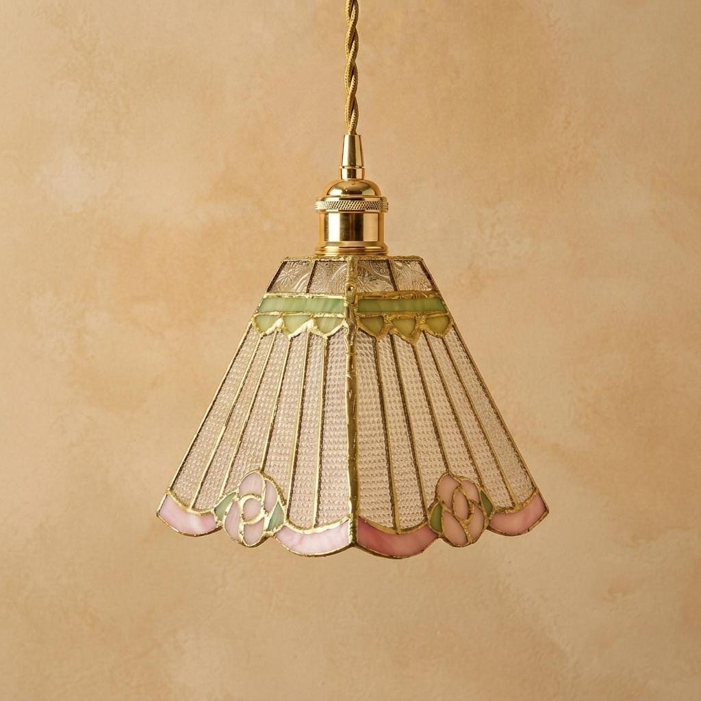 Stained Glass Pendant Light, Pink Rose Hanging Lamp, Clear Textured Glass, Tiffany Style Floral Ceiling Light, Cottagecore Decor