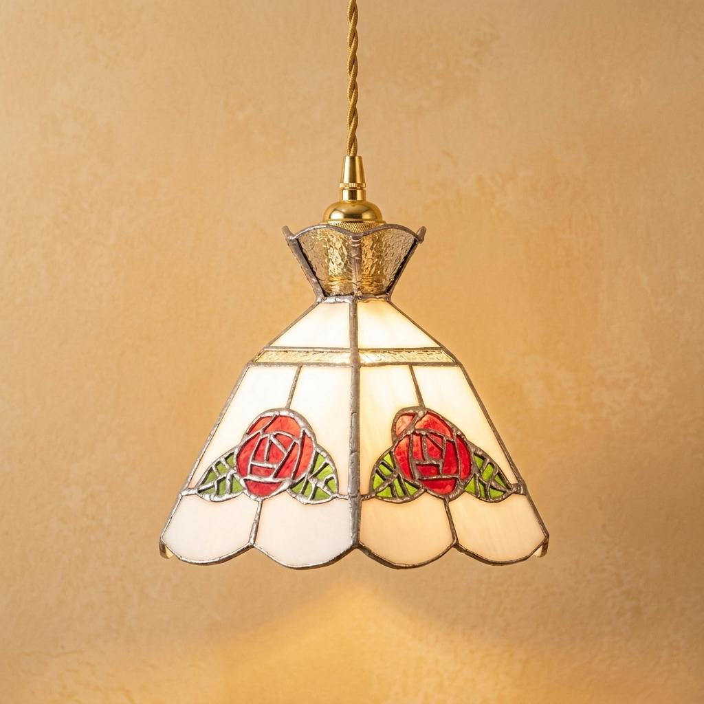 Rose Stained Glass Pendant Light, Handmade Tiffany Style Hanging Lamp, White Floral Ceiling Light, Vintage Cottagecore Decor