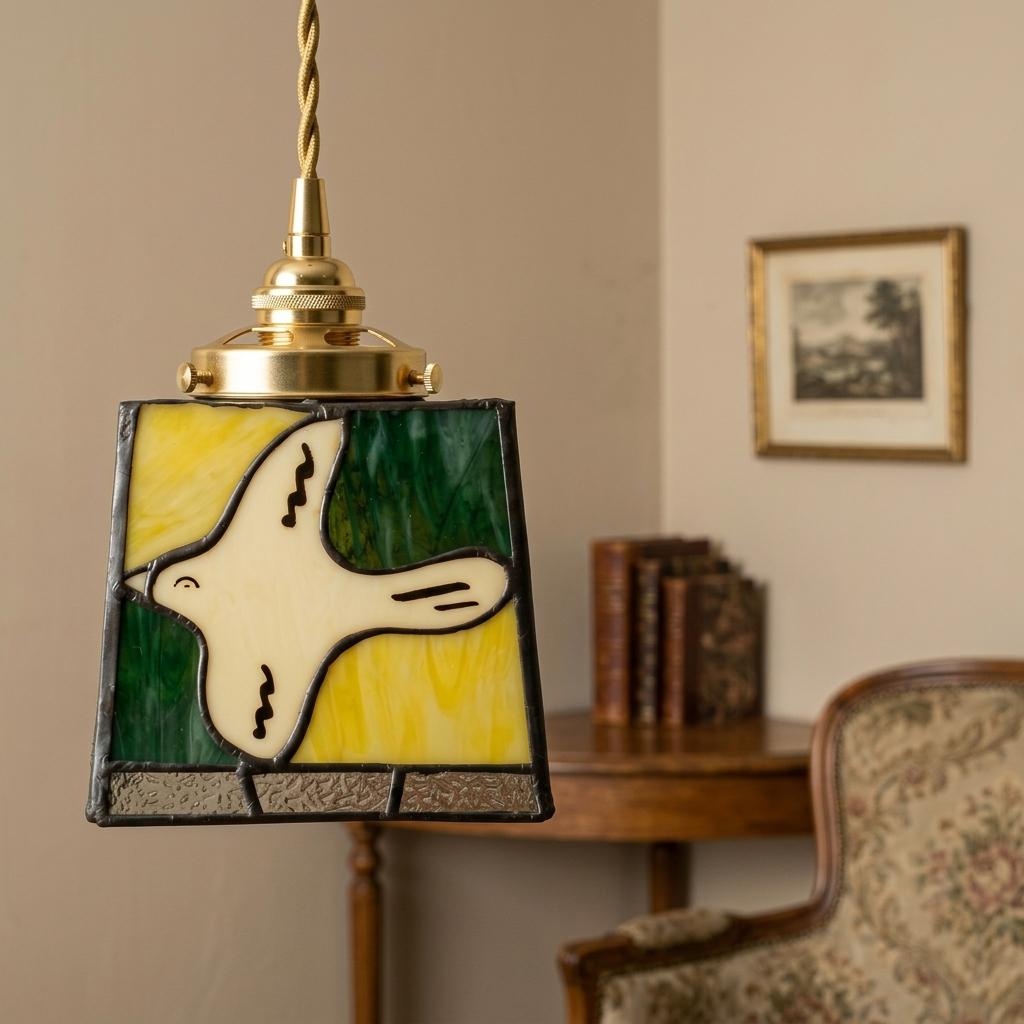White Dove Stained Glass Pendant Light, Green Yellow Tiffany Style Hanging Lamp, Peace Bird Ceiling Light, Whimsical Home Decor
