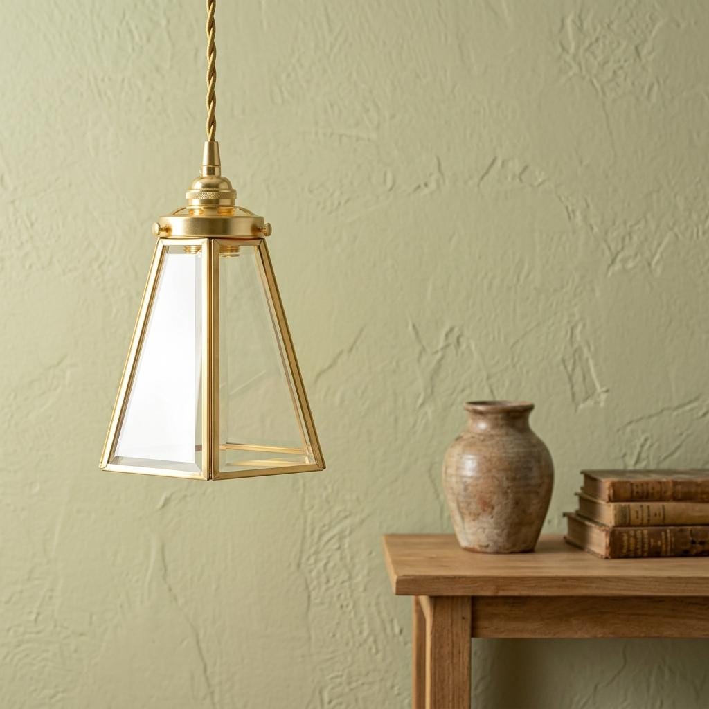 Clear Glass Geometric Pendant Light, Brass Tone Art Deco Hanging Lamp