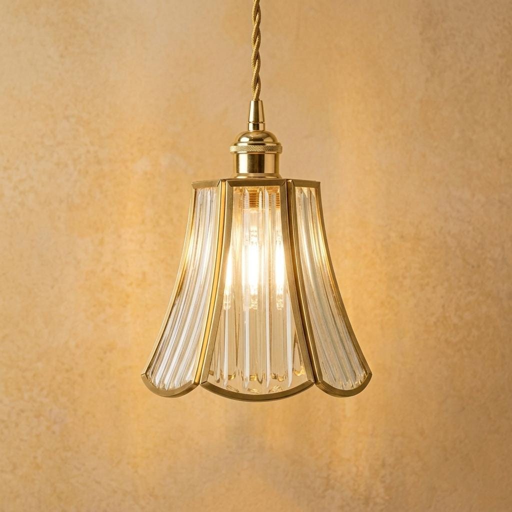 Clear Fluted Glass Pendant Light, Brass Tone Art Deco Hanging Lamp