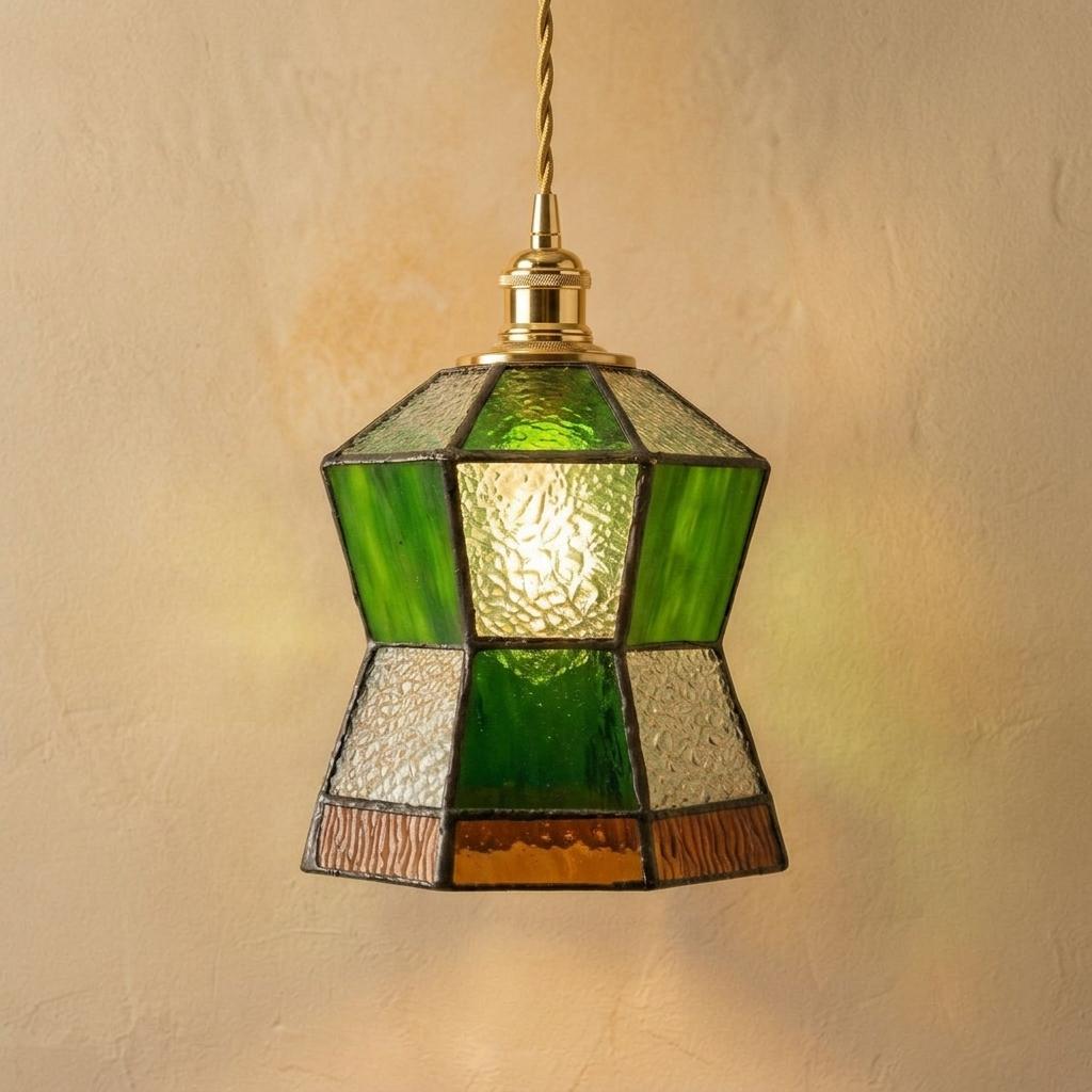 Green Stained Glass Pendant Light, Small Geometric Tiffany Style Hanging Lamp, Art Deco Entryway Ceiling Light