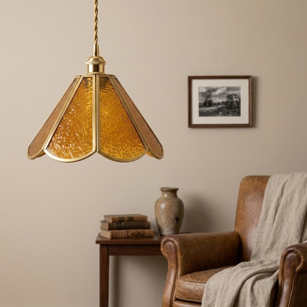 Amber Scalloped Glass Pendant Light, Vintage Honey Gold Ceiling Fixture