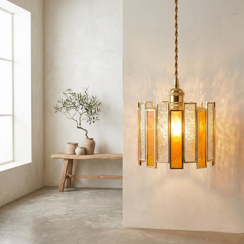 Handmade Amber Stained Glass Pendant Light, Art Deco Gold Hanging Lamp