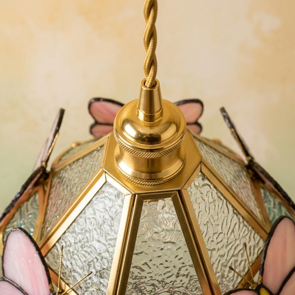 Stained Glass Butterfly Pendant Light Shade, Pink Cottagecore Art Nouveau Lamp