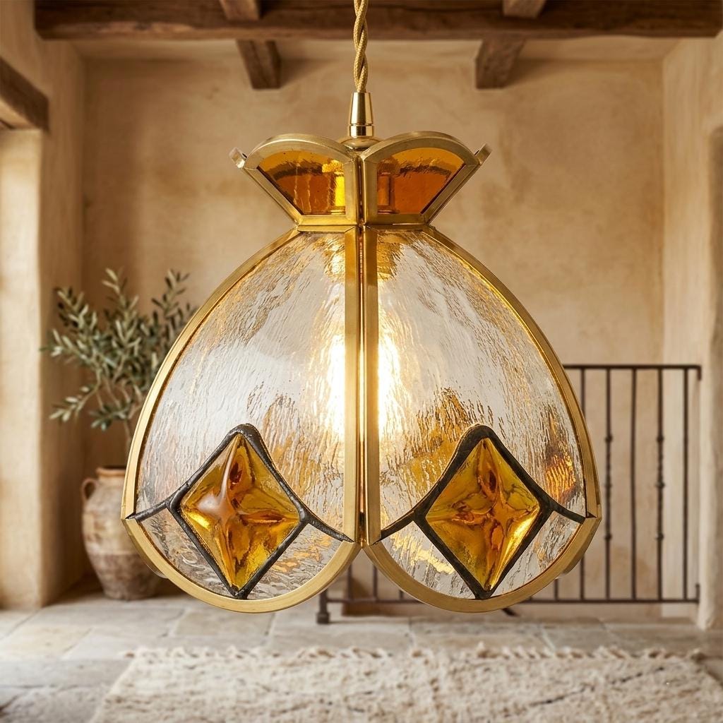 Handmade Stained Glass Pendant Light, Amber Flower Hanging Lamp, Vintage Tiffany Style Ceiling Light, Cottagecore Kitchen Lamp