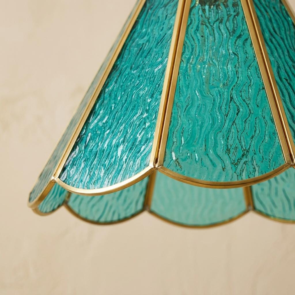 Turquoise Stained Glass Pendant Light, Scalloped Petal Shade, Vintage Cottagecore Decor