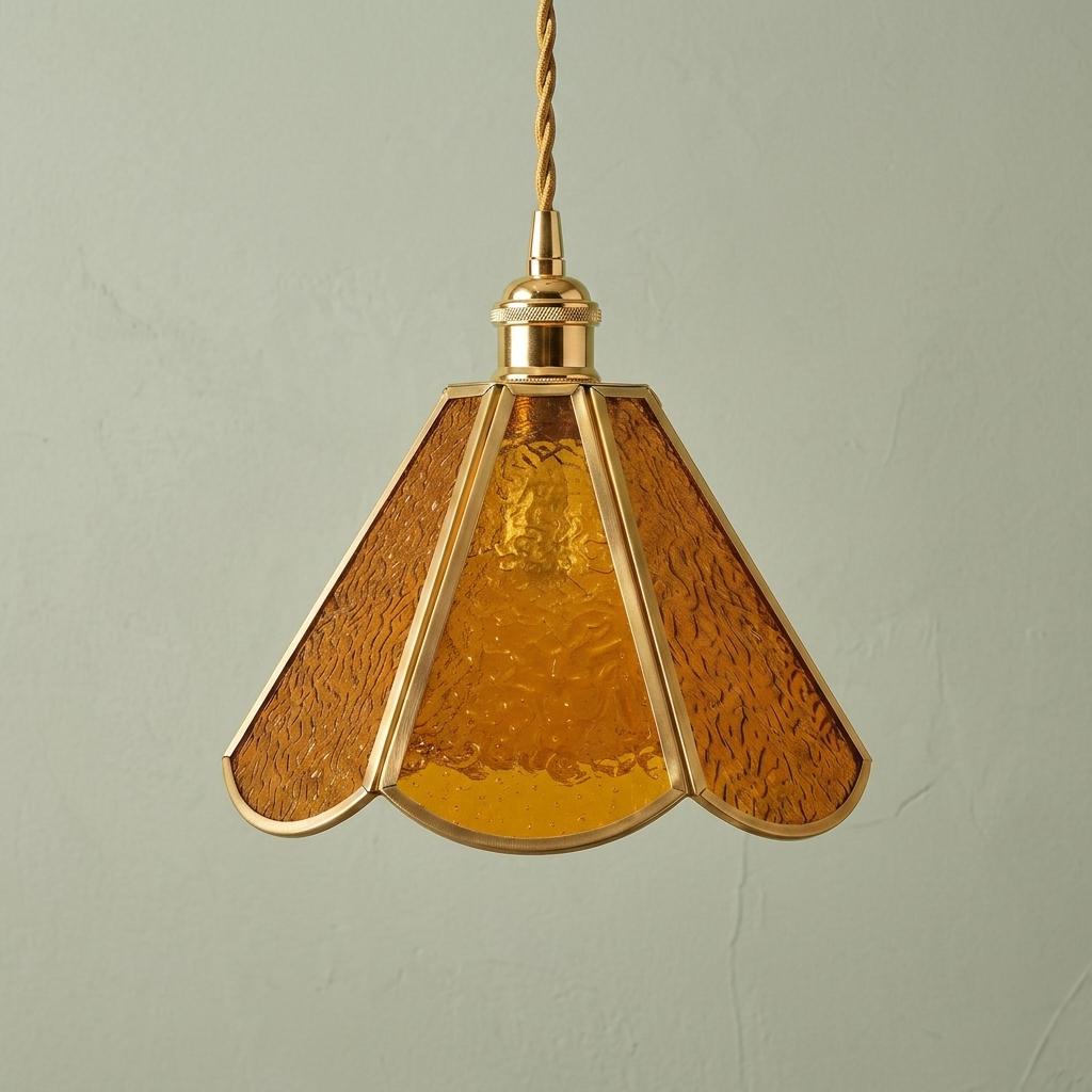 Amber Scalloped Glass Pendant Light, Vintage Style Cottagecore Hanging Lamp