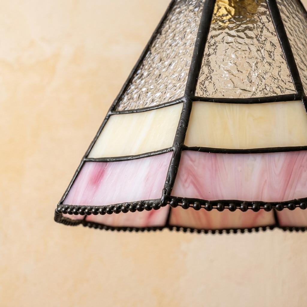 Pink Stained Glass Pendant Light, Small Tiffany Style Hanging Lamp, Blush Cream Glass Ceiling Light, Cottagecore Bedroom Lighting