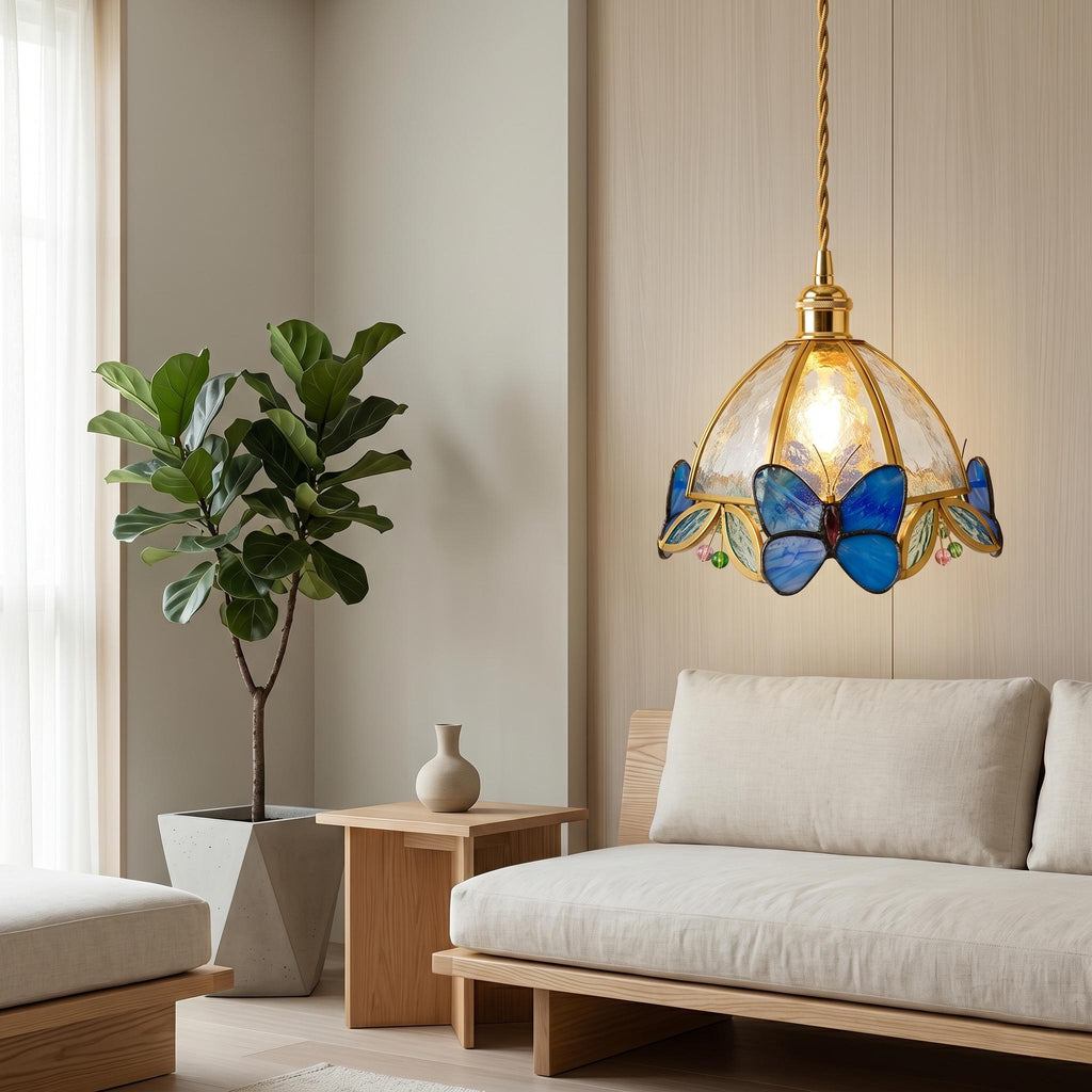 Handmade Butterfly Pendant Light, Stained Glass Hanging Lamp, Blue Butterfly Ceiling Light, Tiffany Style Art Glass Lamp