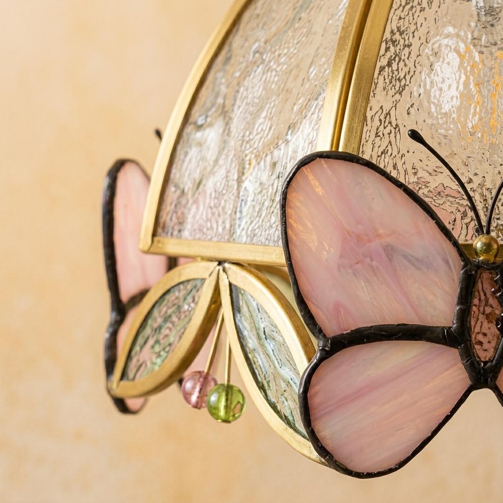 Pink Butterfly Stained Glass Pendant Light, Handmade Tiffany Style Hanging Lamp, Cottagecore Floral Glass Light, Butterfly Ceiling Lamp