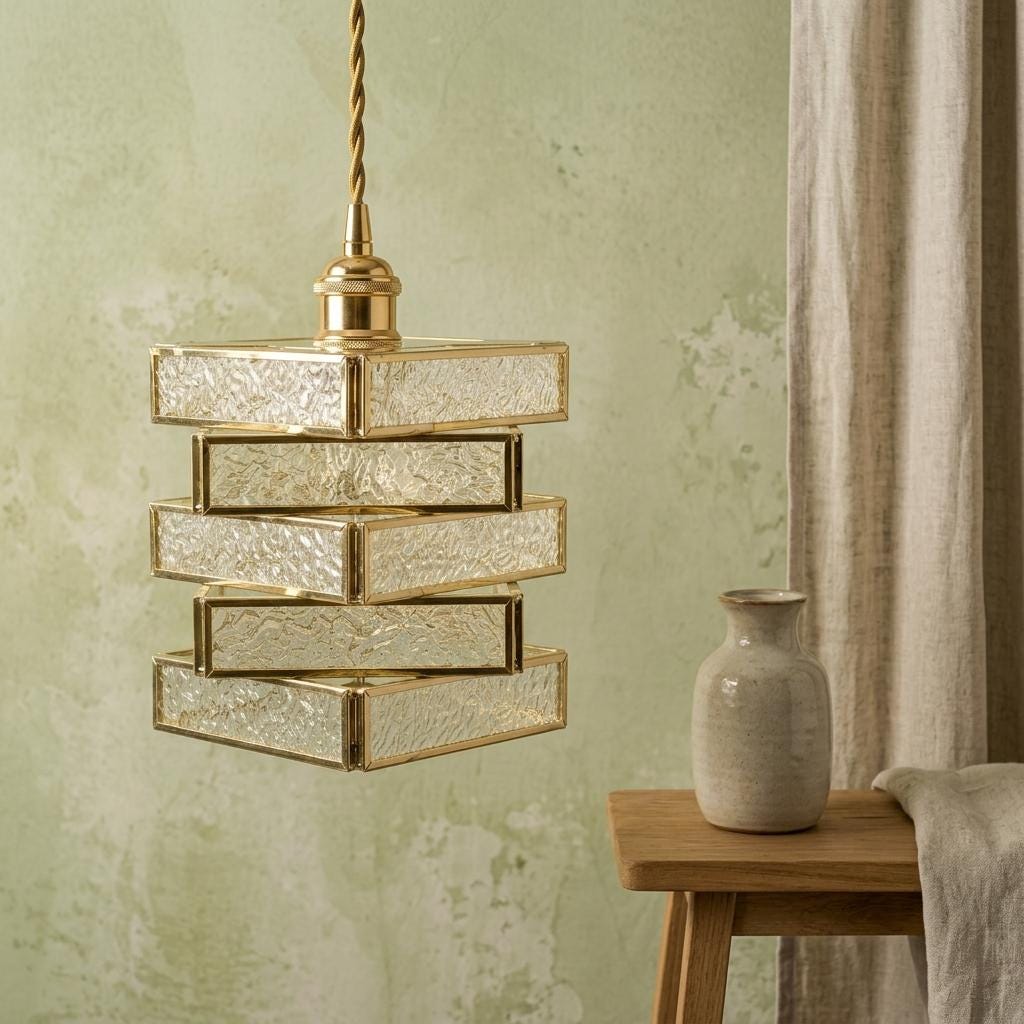 Gold Textured Glass Pendant Light, Square Stacked Geometric Hanging Lamp