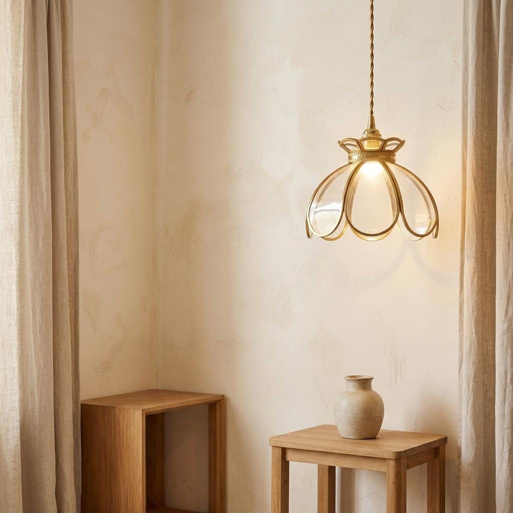 Clear Glass Flower Pendant Light Shade, Brass Petal Dome Lampshade, Vintage Cottage Lighting