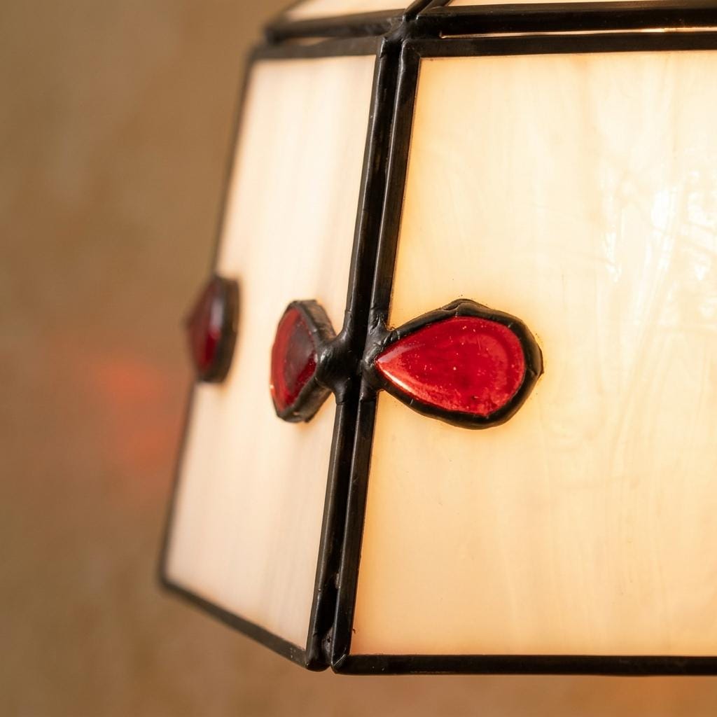 Small Stained Glass Pendant Light, White Red Accent Hanging Lamp