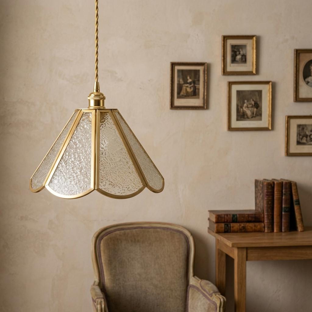 Clear Textured Glass Pendant Light, Scalloped Tiffany Style Hanging Lamp, Vintage Gold Ceiling Light