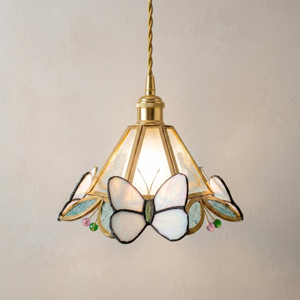 Butterfly Stained Glass Pendant Light Shade, Handmade Iridescent Glass Lamp Shade, Small Tiffany Style Hanging Lamp Shade, Cottagecore Decor