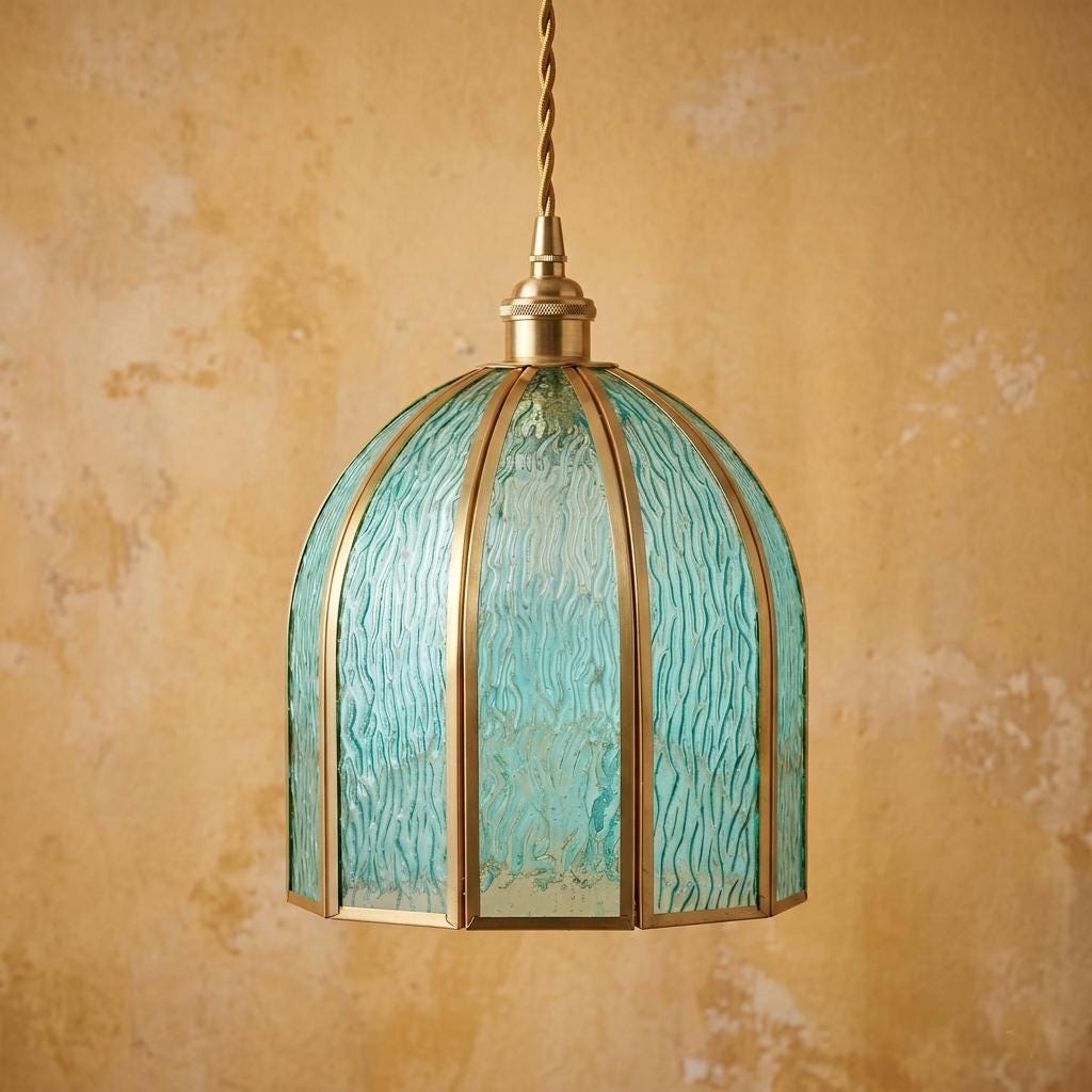 Aqua Blue Stained Glass Pendant Light, Vintage Brass Frame Hanging Lamp