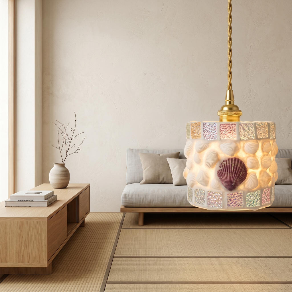 Seashell Mosaic Pendant Light, Coastal Beach House Lamp