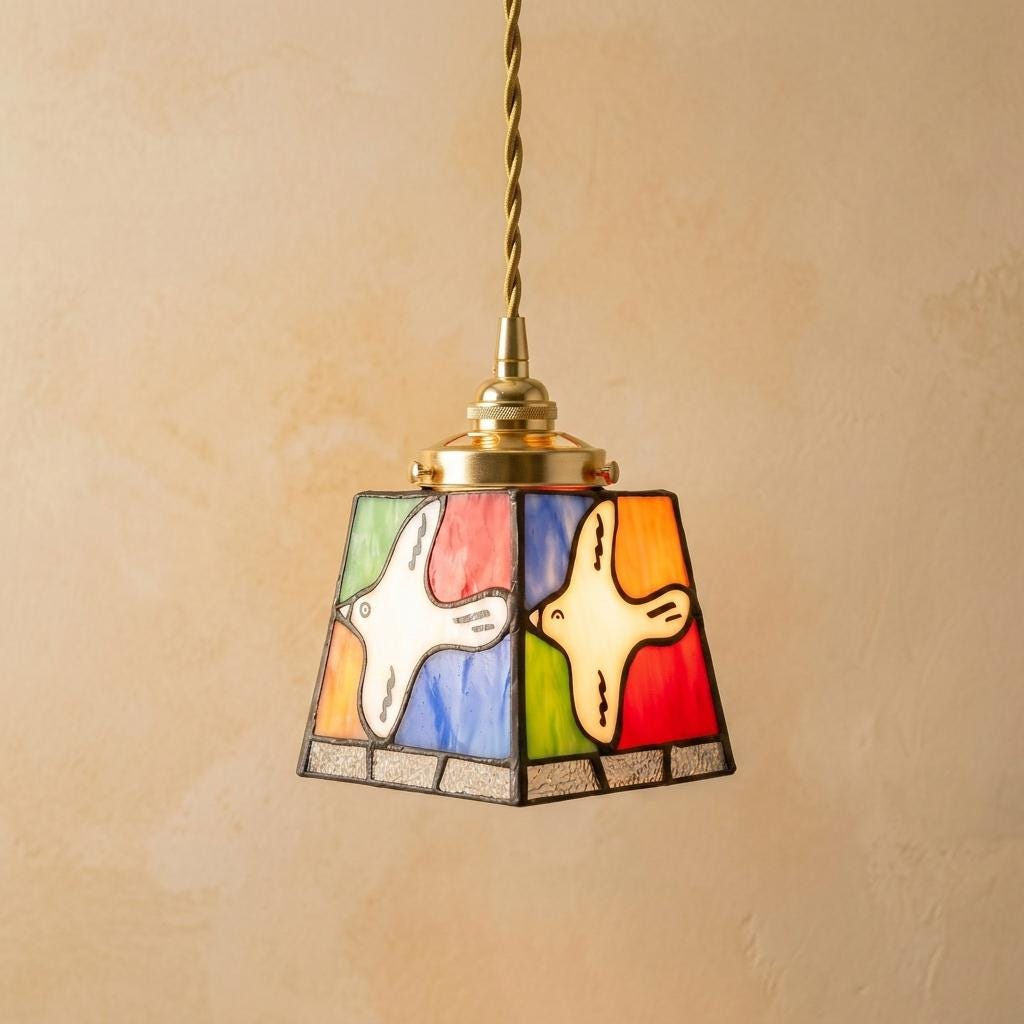Handmade Stained Glass Pendant Light, White Bird Hanging Lamp, Colorful Boho Fixture