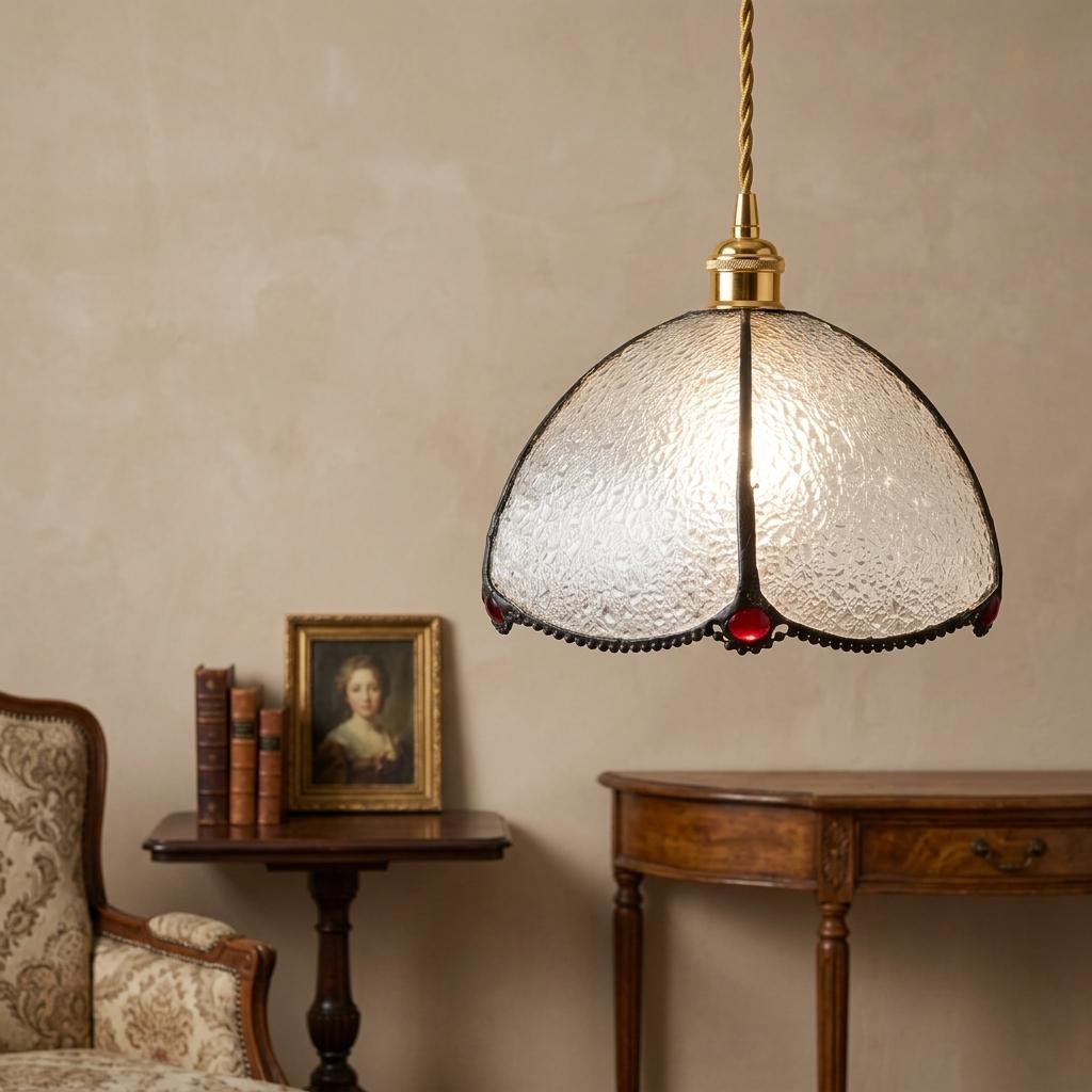 Clear Textured Stained Glass Pendant Light, Red Jewel Dome Hanging Lamp