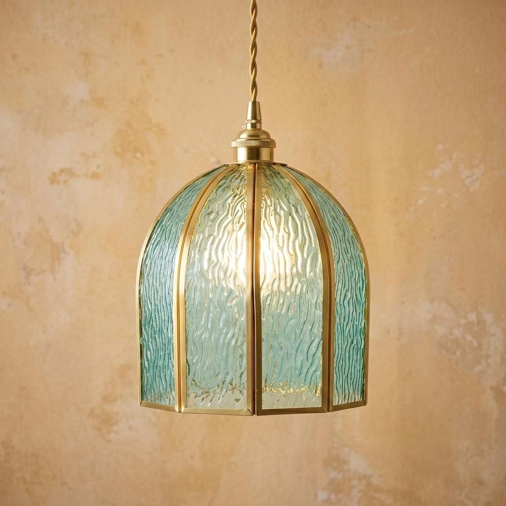 Aqua Blue Stained Glass Pendant Light, Vintage Brass Frame Hanging Lamp