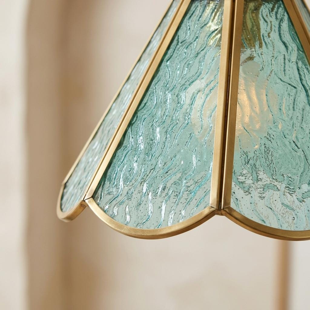 Aqua Scalloped Stained Glass Pendant Light, Coastal Cottage Hanging Lamp