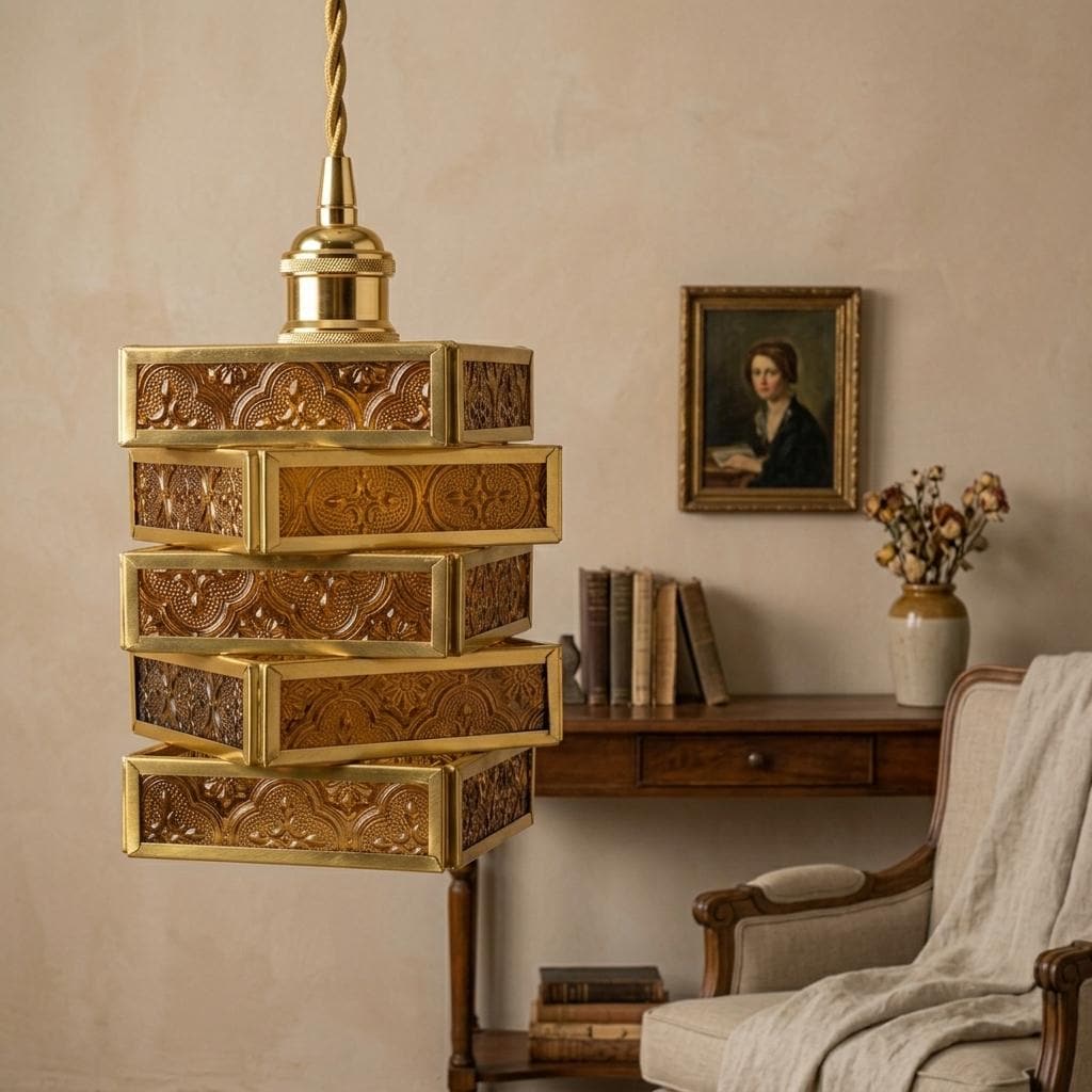 Amber Stained Glass Pendant Light, Geometric Art Deco Hanging Lamp, Brass Tone Fixture