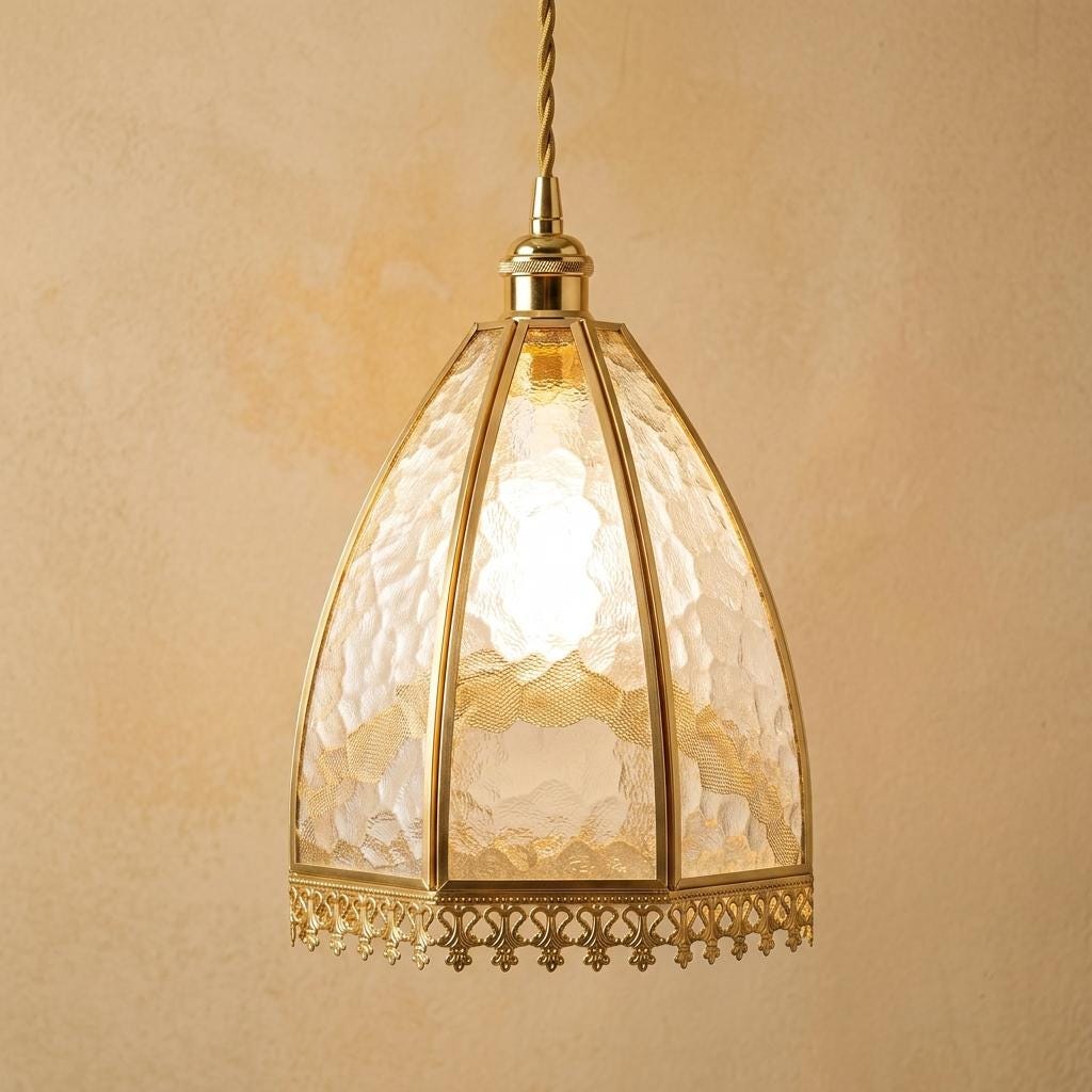 Clear Textured Glass Dome Pendant Light, Gold Tone Victorian Hanging Lamp