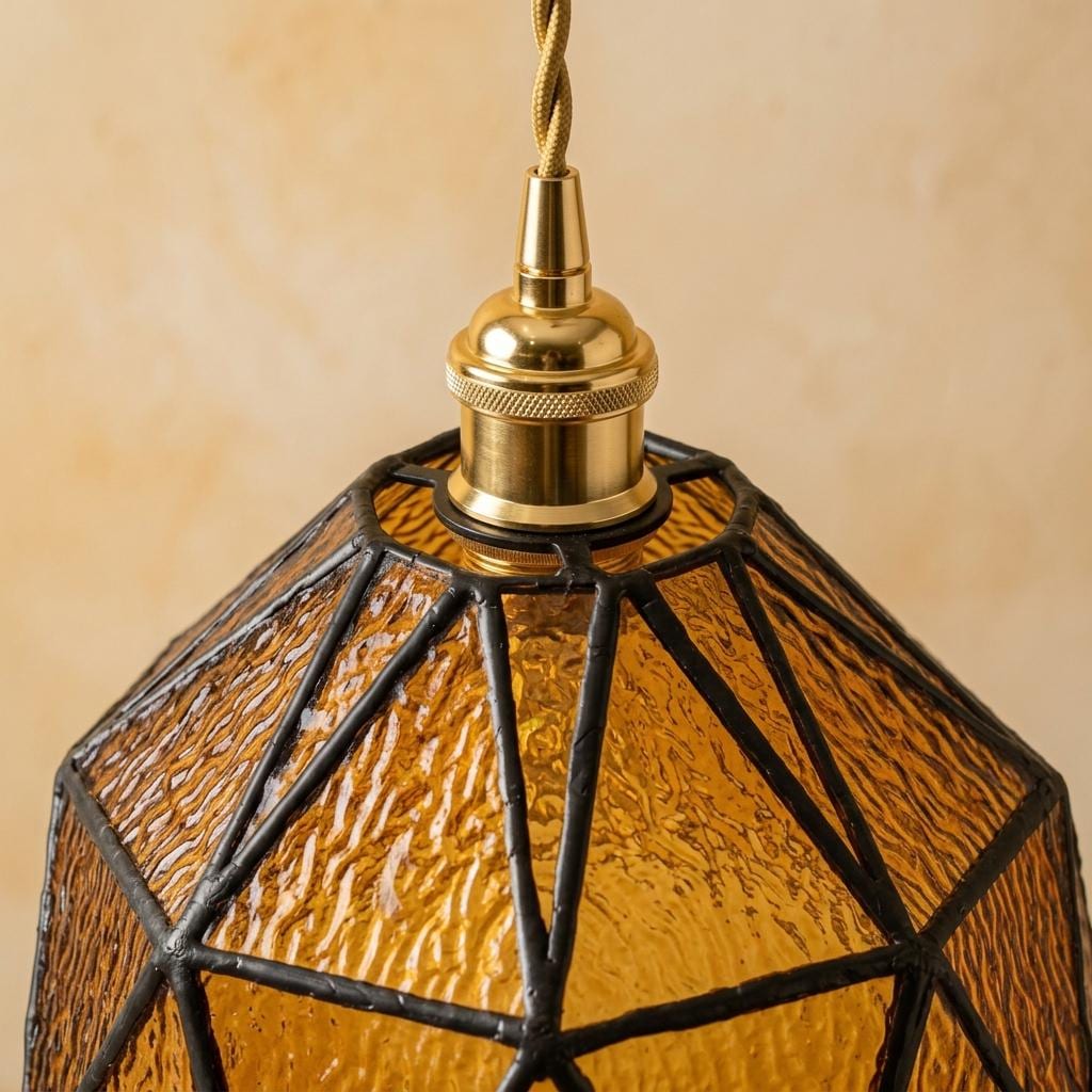 Amber Geometric Stained Glass Pendant Light, Art Deco Gold Ceiling Fixture