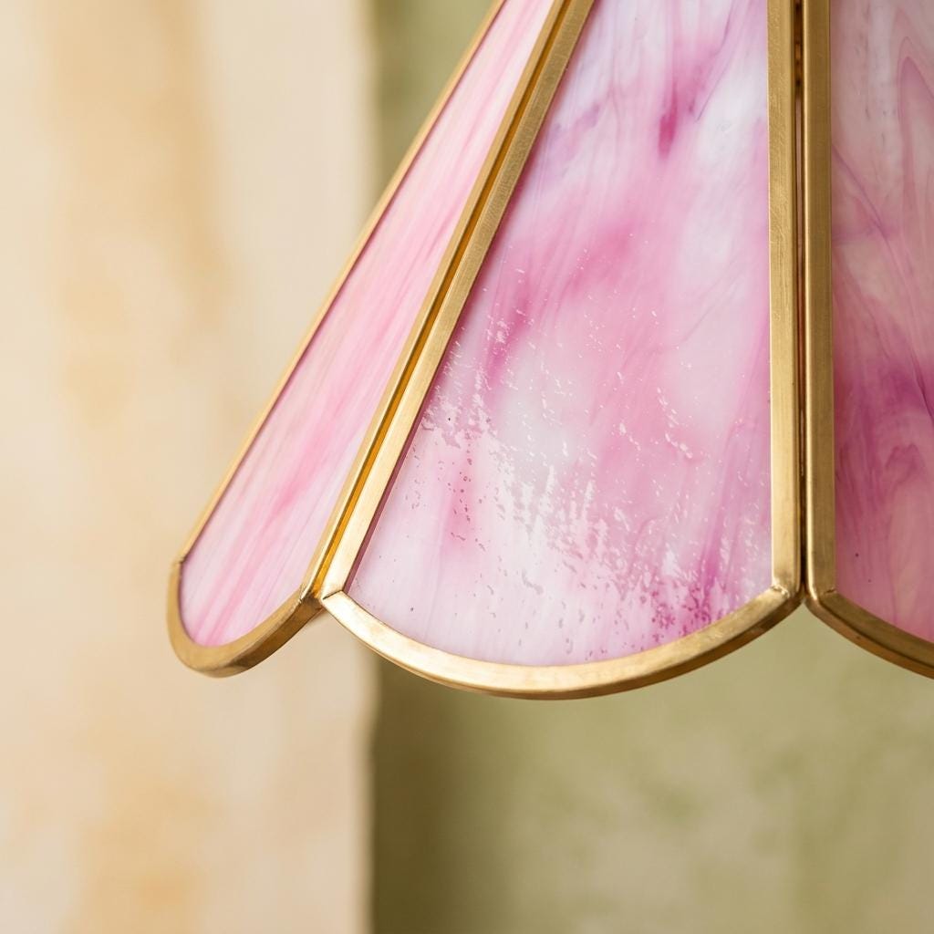 Pink Stained Glass Pendant Light, Scalloped Flower Petal Hanging Lamp, Tiffany Style Cottagecore Ceiling Fixture