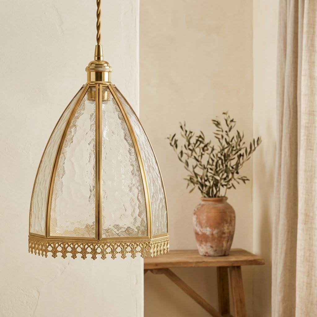 Clear Textured Glass Dome Pendant Light, Gold Tone Victorian Hanging Lamp