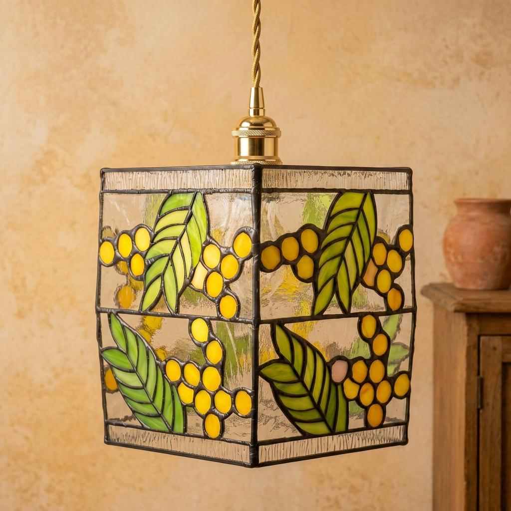 Stained Glass Pendant Light, Yellow Floral Green Leaf Hanging Lamp, Tiffany Style Botanical Ceiling Light, Cottagecore Decor