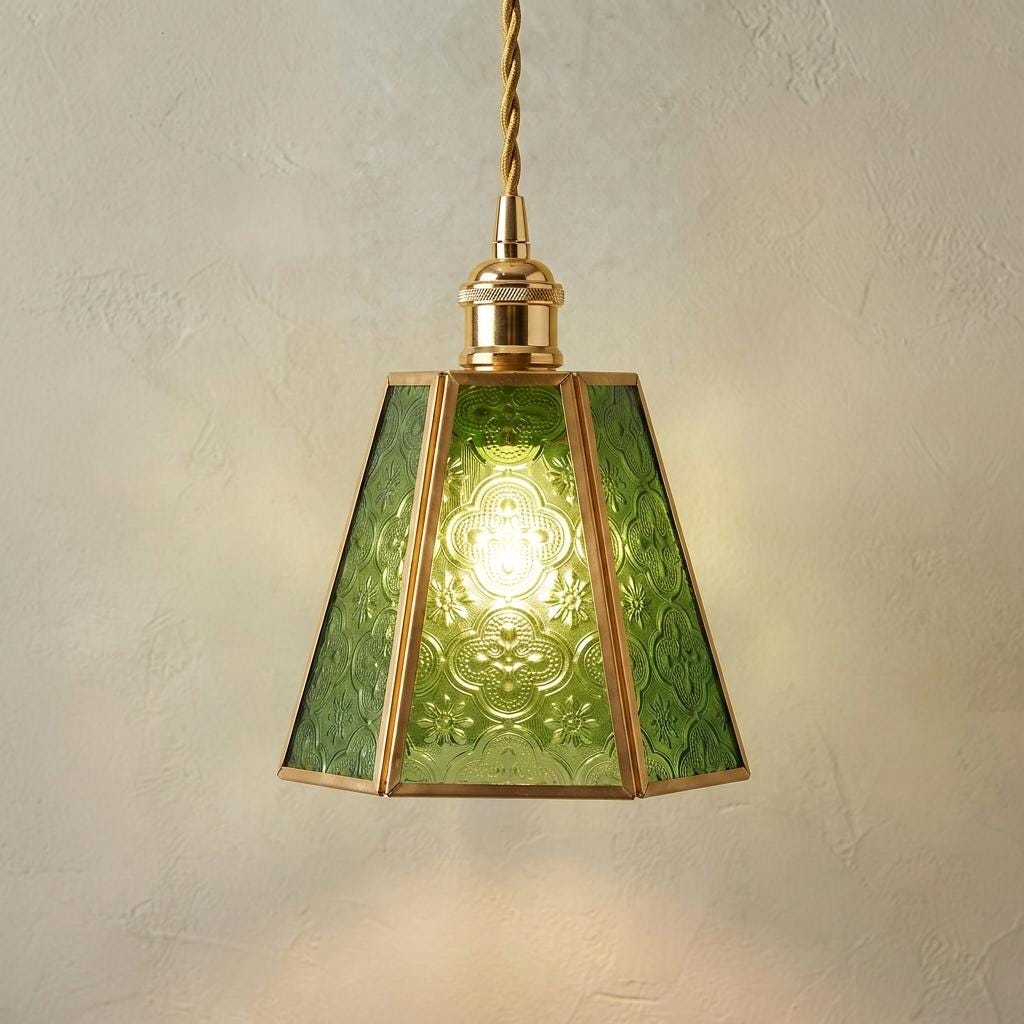 Handmade Green Embossed Glass Lamp Shade, Vintage Brass Art Nouveau Accent Light