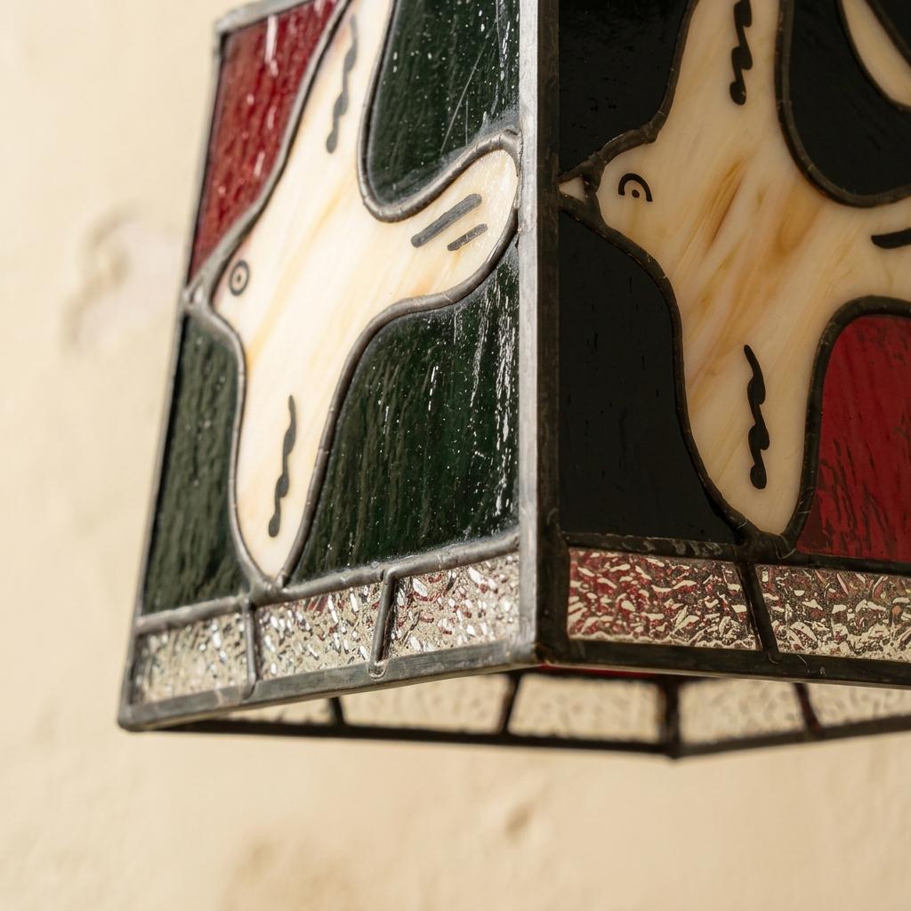 Dove Stained Glass Pendant Light, Red Green Tiffany Style Hanging Lamp, Small Bird Glass Ceiling Light, Vintage Christmas Decor
