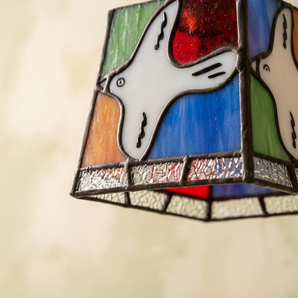 Handmade Stained Glass Pendant Light, White Bird Hanging Lamp, Colorful Boho Fixture