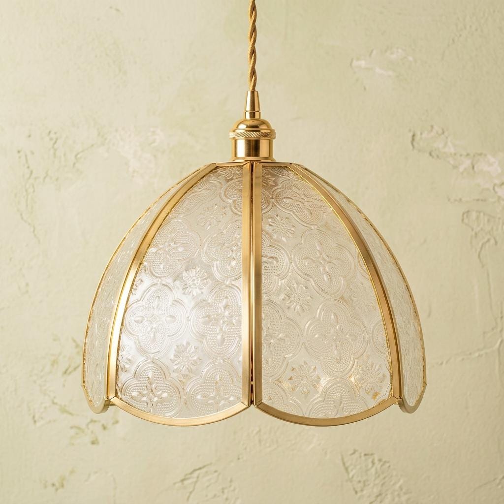 Textured Glass Pendant Light, Gold Floral Dome, Vintage Cottagecore Ceiling Fixture