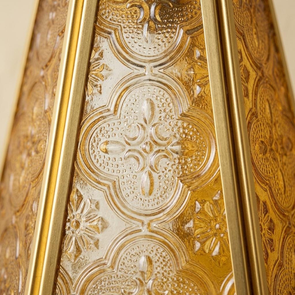 Amber Glass Pendant Light, Ornate Gold Floral Pattern Hanging Lamp