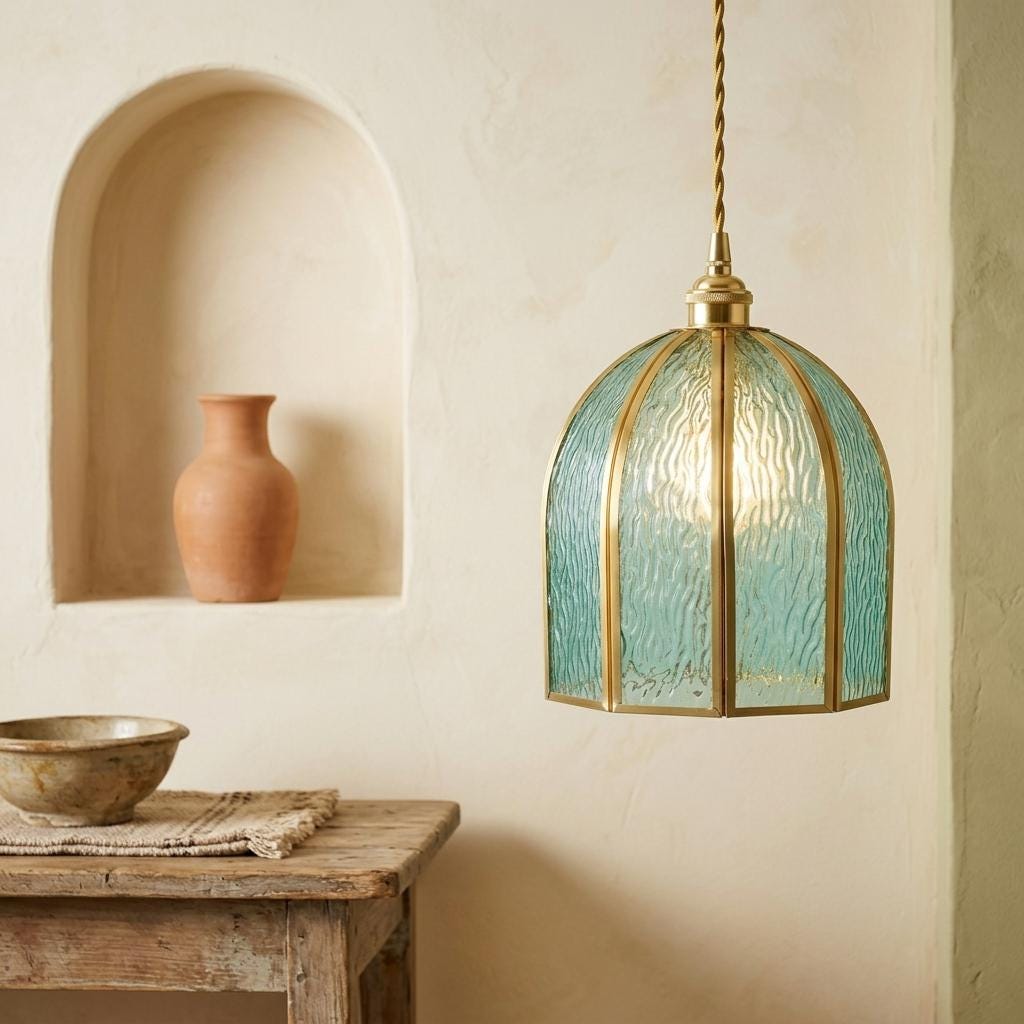 Aqua Blue Stained Glass Pendant Light, Vintage Brass Frame Hanging Lamp