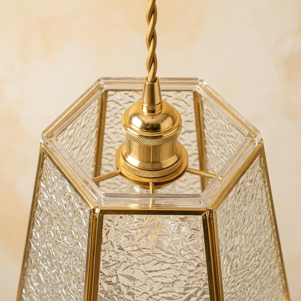 Textured Glass Pendant Light, Brass Tone Art Deco Hanging Lamp