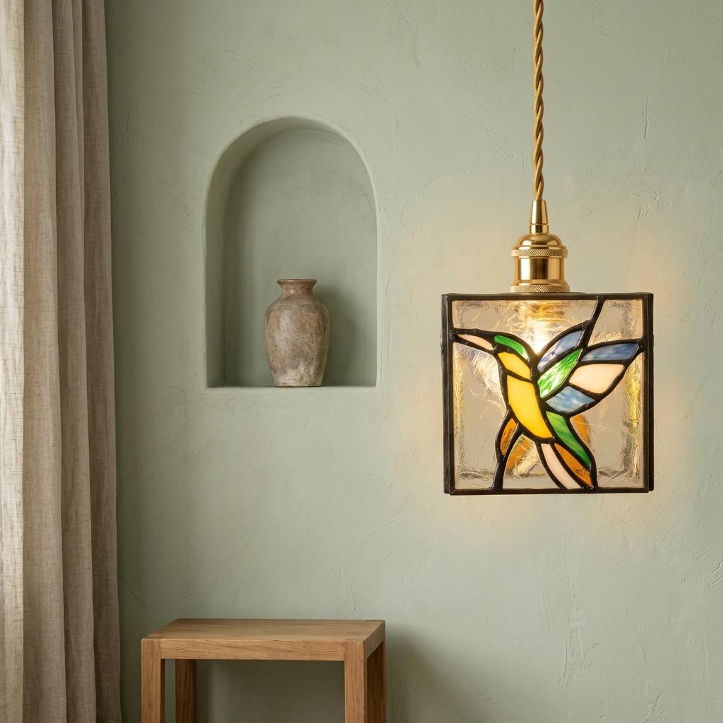 Hummingbird Stained Glass Pendant Light, Colorful Square Hanging Lamp, Tiffany Style Bird Ceiling Light, Boho Accent Lighting