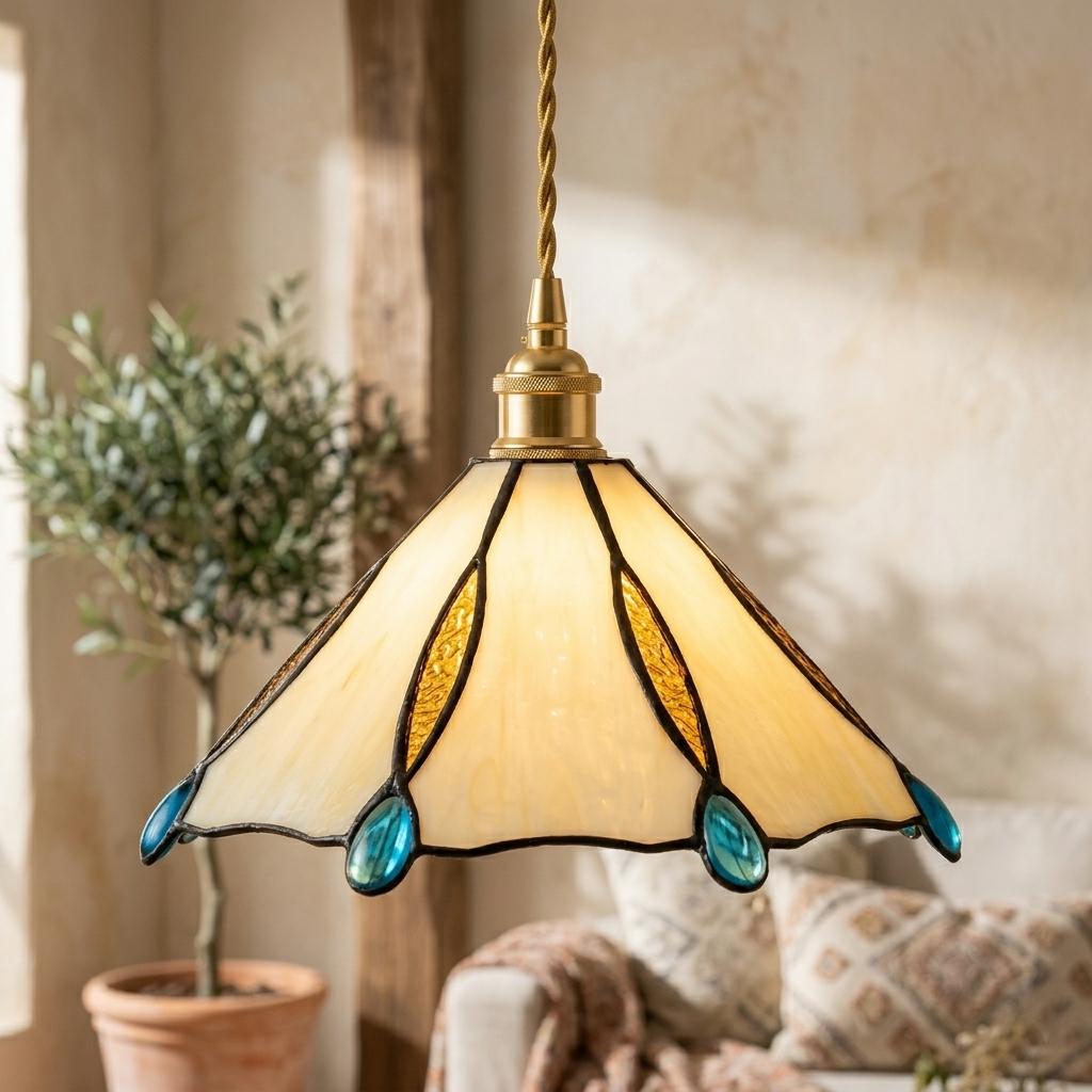 Handmade Stained Glass Pendant Light, Tiffany Style Hanging Lamp, Cream Amber Aqua Glass Ceiling Light, Vintage Cottagecore Kitchen Lighting