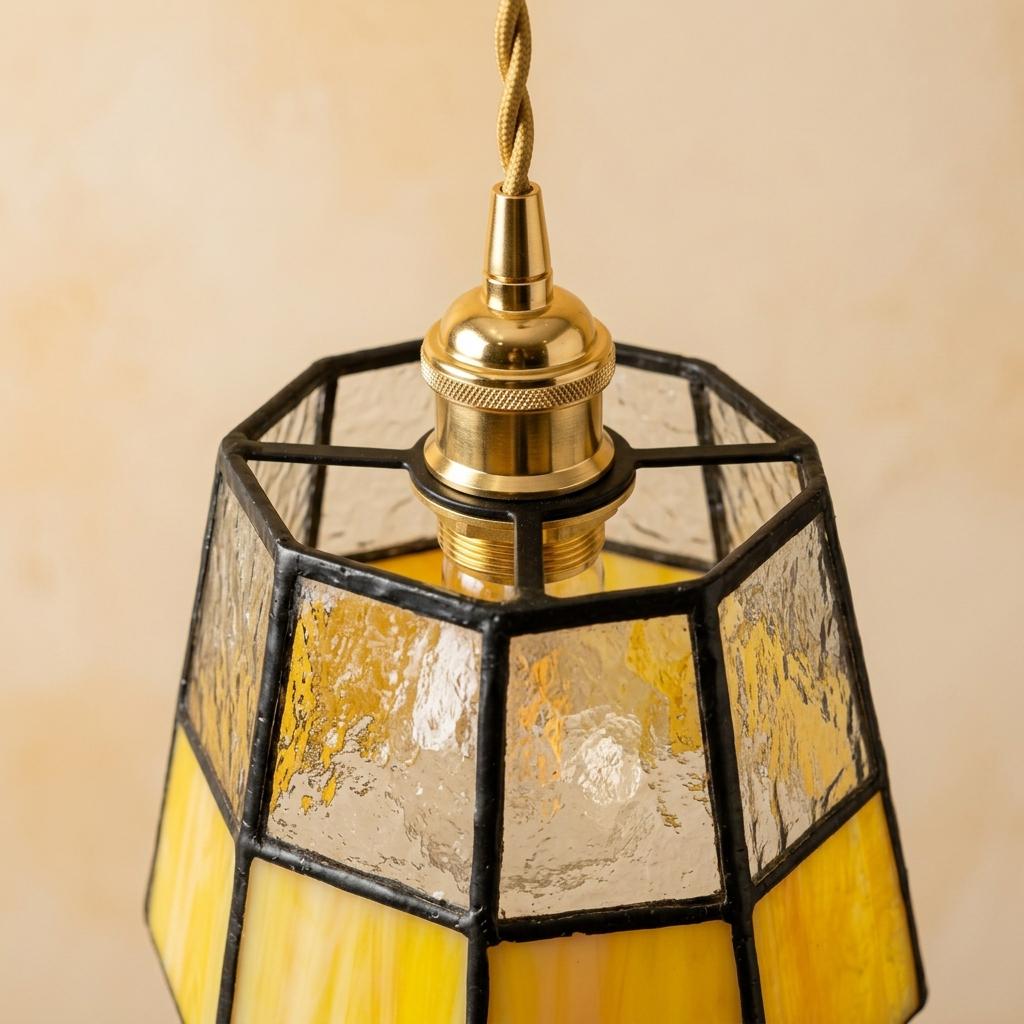 Stained Glass Pendant Light, Amber Yellow and Clear Mini Hanging Lamp, Tiffany Style Geometric Glass Ceiling Light