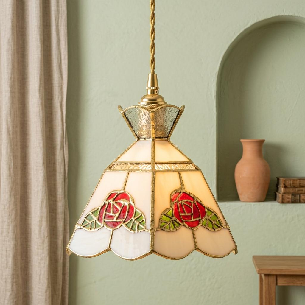 Stained Glass Lamp Shade, Rose Tiffany Style Shade, Cream Floral Replacement Shade, Vintage Pendant Light Cover, Handmade Glass Decor