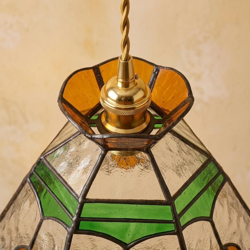 Stained Glass Lamp Shade, Tiffany Style Floral Pendant Light Shade, Green Amber Glass Hanging Lamp, Small Vintage Sconce Shade
