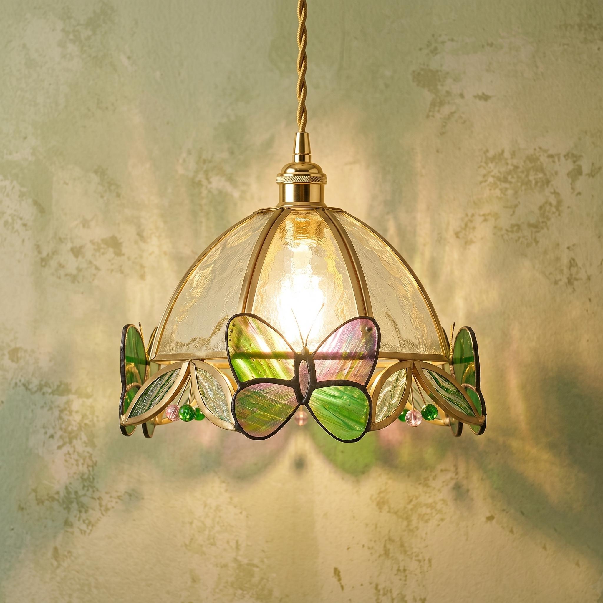 Green Butterfly Stained Glass Pendant Light, Handmade Dome Hanging Lamp, Cottagecore Tiffany Style Ceiling Light for Bedroom Decor