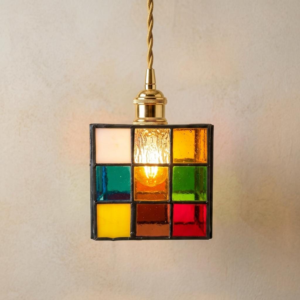 Colorful Stained Glass Pendant Light, Square Mosaic Hanging Lamp, Vintage Boho Accent Fixture