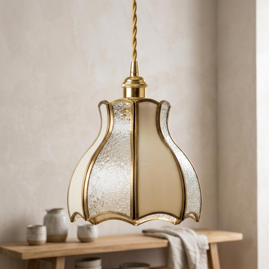 White Textured Glass Tulip Pendant Light, Vintage Brass Tone Ceiling Fixture