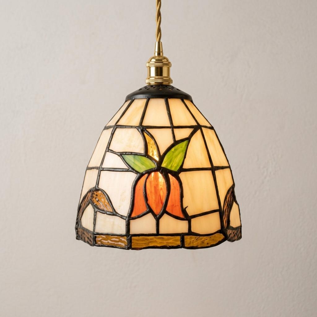 Stained Glass Pendant Light, Orange Floral Tiffany Style Hanging Lamp, Cream Green Ceiling Light, Cottagecore Kitchen Island Lighting