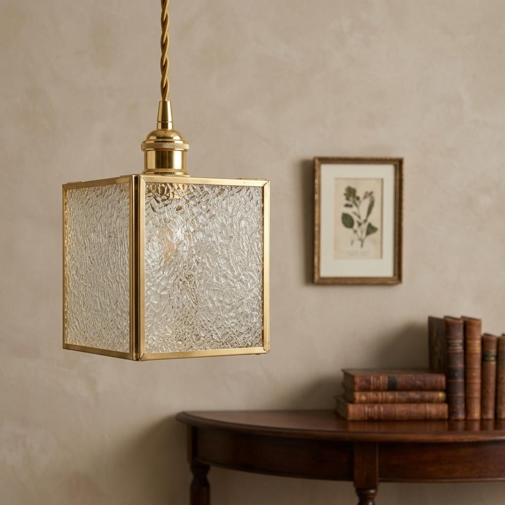 Textured Glass Pendant Light, Square Brass Tone Hanging Lamp, Vintage Style Fixture